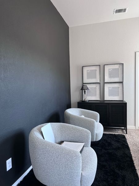 Home office in progress. Black, white, & grey. Black wall

#LTKhome #LTKfamily #LTKstyletip