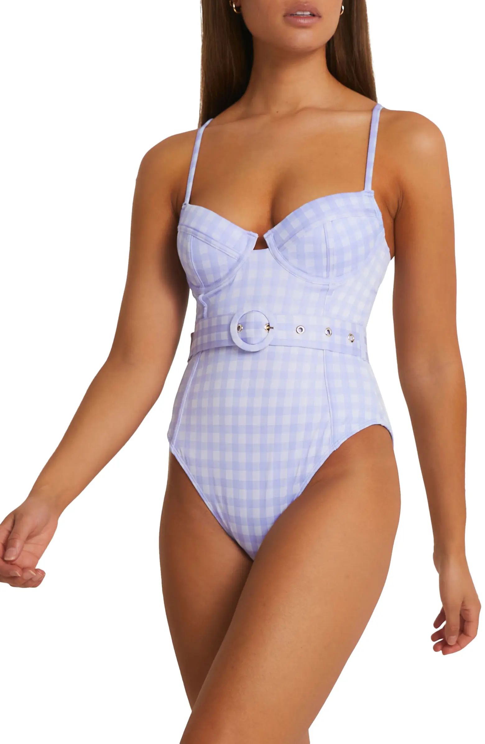 River Island Belted Structured Gingham Underwire One-Piece Swimsuit | Nordstrom | Nordstrom