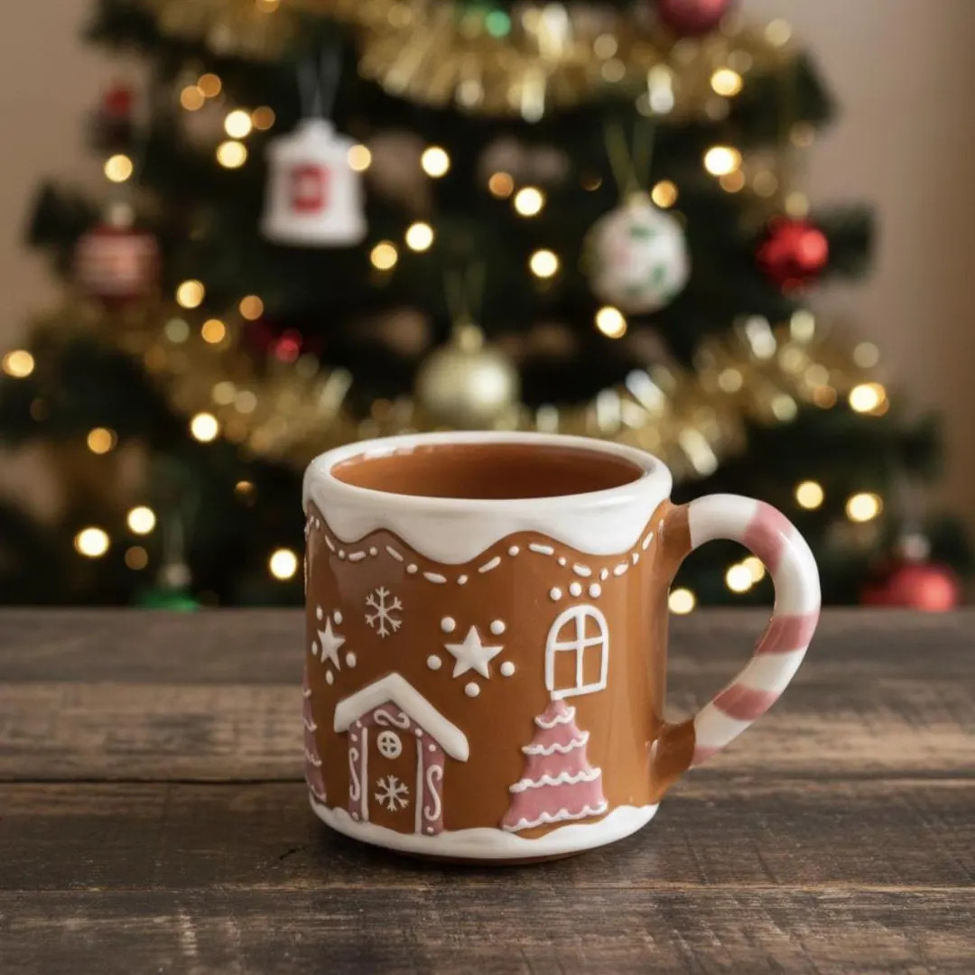 Hand Painted Holiday House Mug 15oz Talavera Ceramic Pink House Candy Cane Handle or Pine Detail ... | Etsy (US)