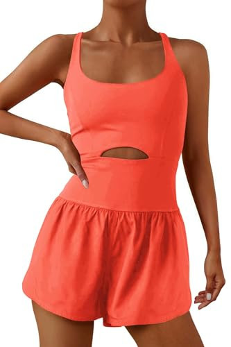ReachMe Womens Running Onesie Workout Rompers Athletic Romper One Piece Outfits Exercise Jumpsuits Gym Yoga Clothes(Orange,XL) | Amazon (US)