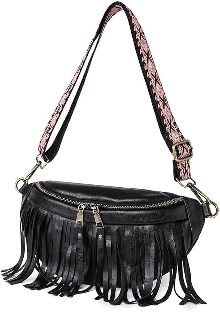 Fanny Pack Purse Leather Bum Bags for Women Crossbody Sling Bag with Detachable Fringe Fashion Waist | Amazon (US)