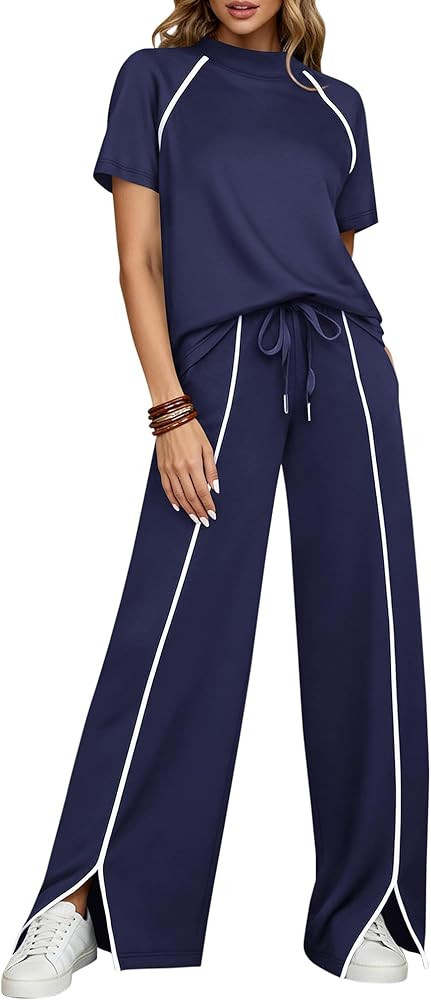 BTFBM Casual Two Piece Sets For Women Summer Outfits Solid Matching Sweatsuit Lounge Set Wide Leg... | Amazon (US)