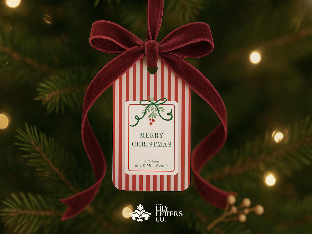 Christmas Gift Tags Template, Printable Elegant Holiday Favor Tag, Canva Editable Green Striped T... | Etsy (US)