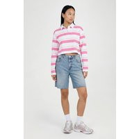 boohoo Women's Stripe Cropped Long Sleeve Rugby Top in Pink | Size: 12 | Denim/Cotton/Polyurethane | boohoo (US & Canada)