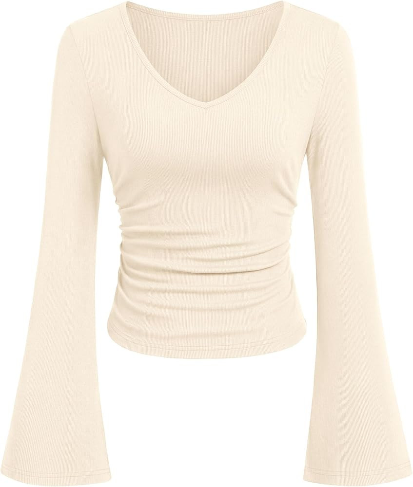 PRETTYGARDEN Women 2026 Fall Long Bell Sleeve Shirts Ribbed V Neck Fitted Ruched Trendy Y2K Going... | Amazon (US)