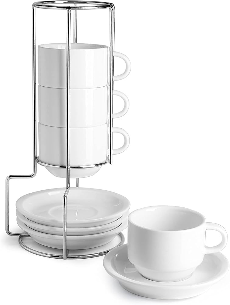 Sweese Porcelain Espresso Cups Set, 4 oz Stackable Cups with Saucers Metal Stand, Set of 4, White | Amazon (US)