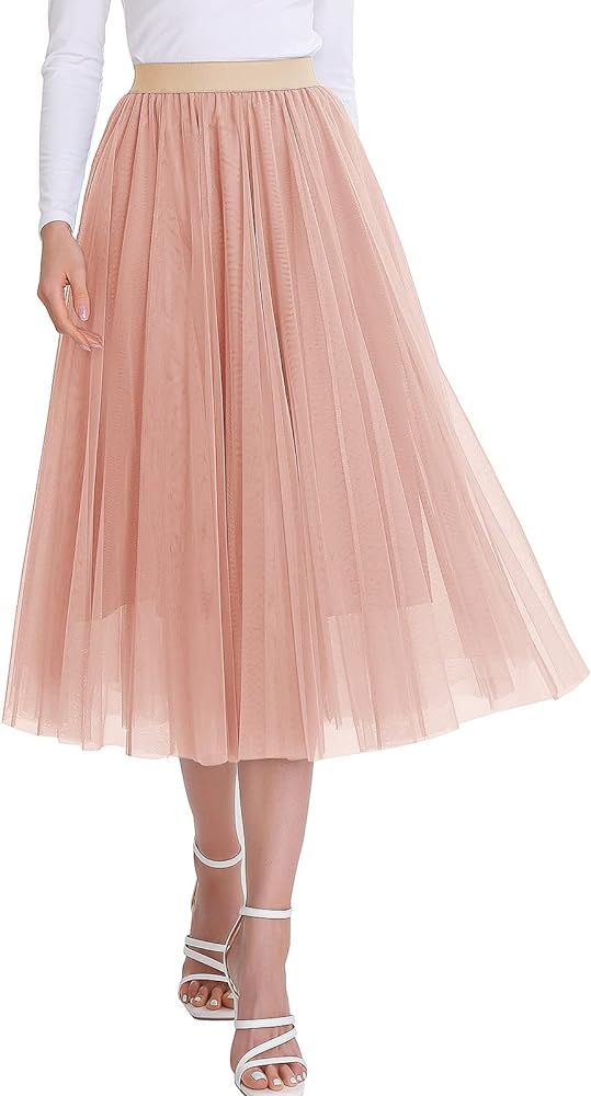 Women’s Tulle Skirts Midi Elastic High Waist Pleated Mesh Flowy A-Line Party Long Tutu Skirts… | Amazon (US)