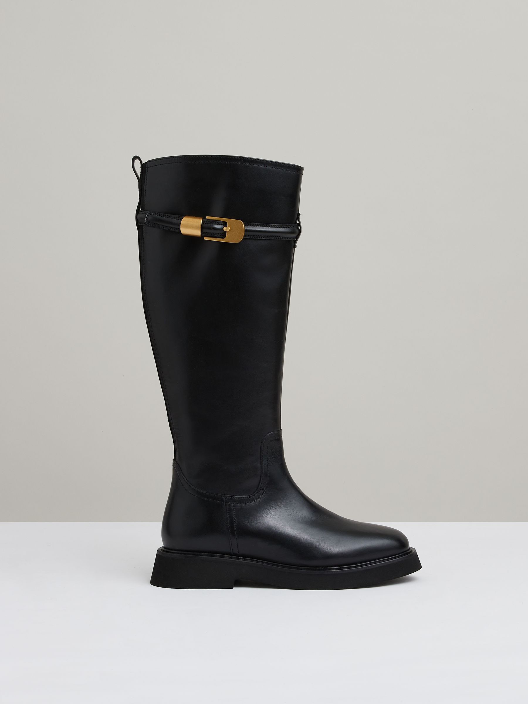 Reiss Leather Buckled Knee-High Boots in Black - REISS | Reiss UK