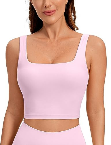 CRZ YOGA Butterluxe Womens Square Neck Longline Sports Bra - Workout Crop Tank Tops Padded with Built in Shelf Yoga Bra Pink Peony X-Large | Amazon (US)