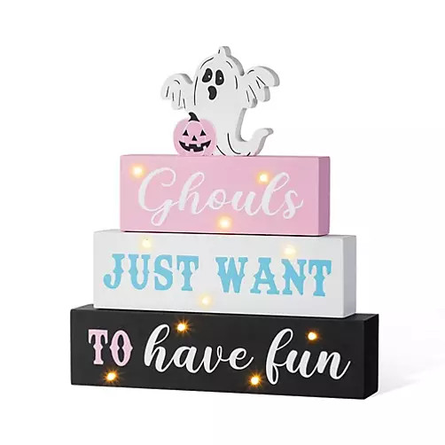 11.75"H Halloween Lighted Pink Wooden Ghost Block Word Sign | Belk