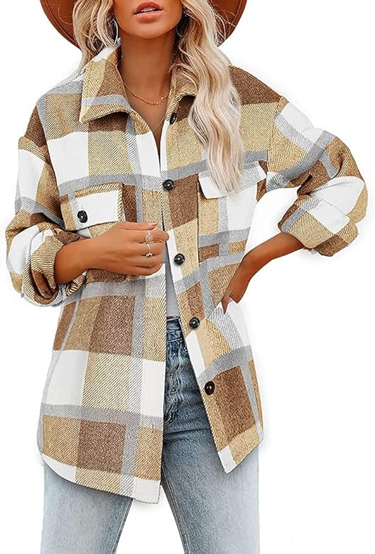 AMEBELLE Women's Plaid Flannel Shacket Jackets Brushed Lapel Loose Lounge Button Down Shirts | Amazon (US)