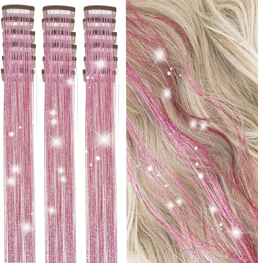Hair Tinsel Kit Pack of 18 Pcs Hair Tinsel Clip in 19.6Inch Glitter Tinsel Hair Extensions Heat R... | Amazon (US)