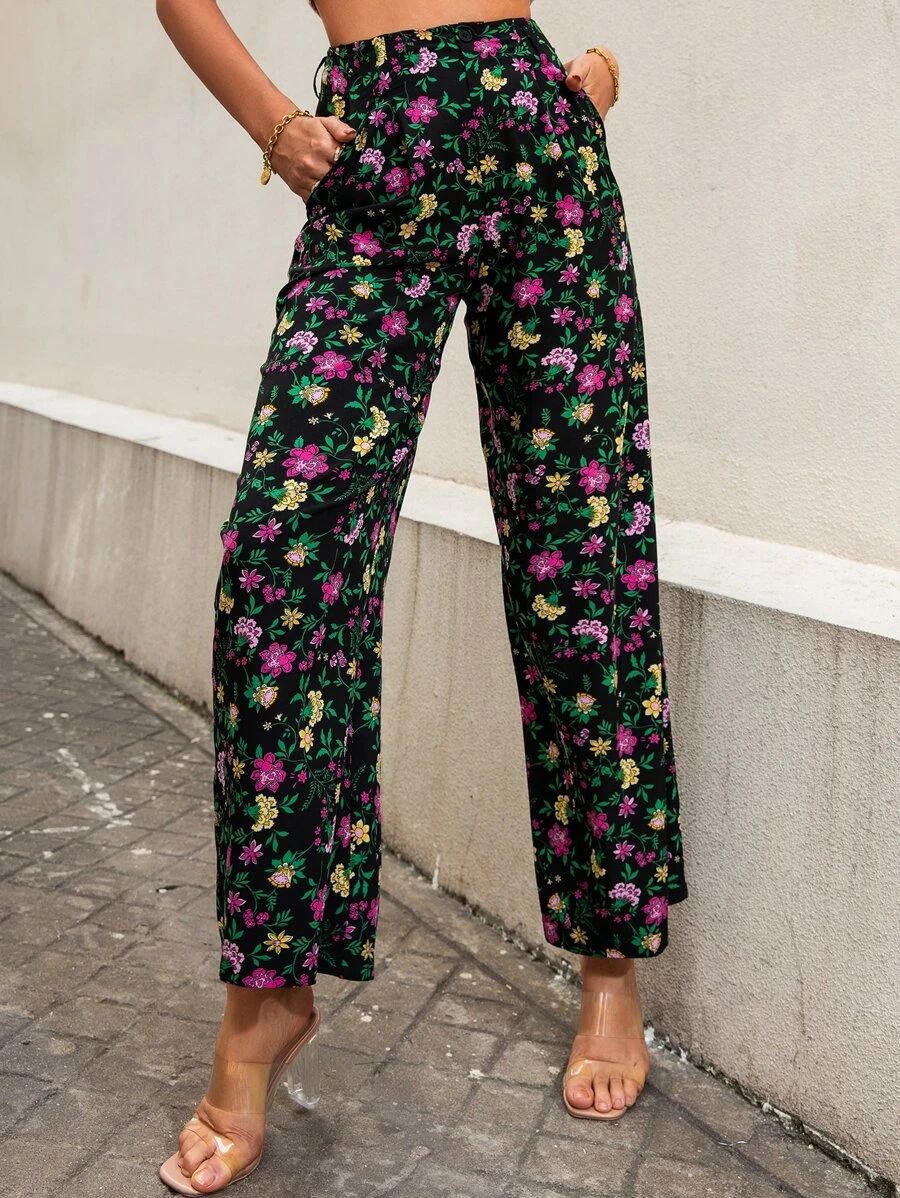 Allover Floral Print Slant Pockets Wide Leg Pants | SHEIN