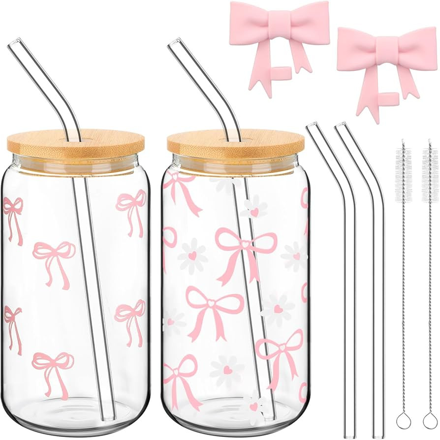 Skylety Set of 2 Coquette Bow Glass Cup 16oz Pink Glass Cup with Lids and Straws Reusable Pink Bo... | Amazon (US)