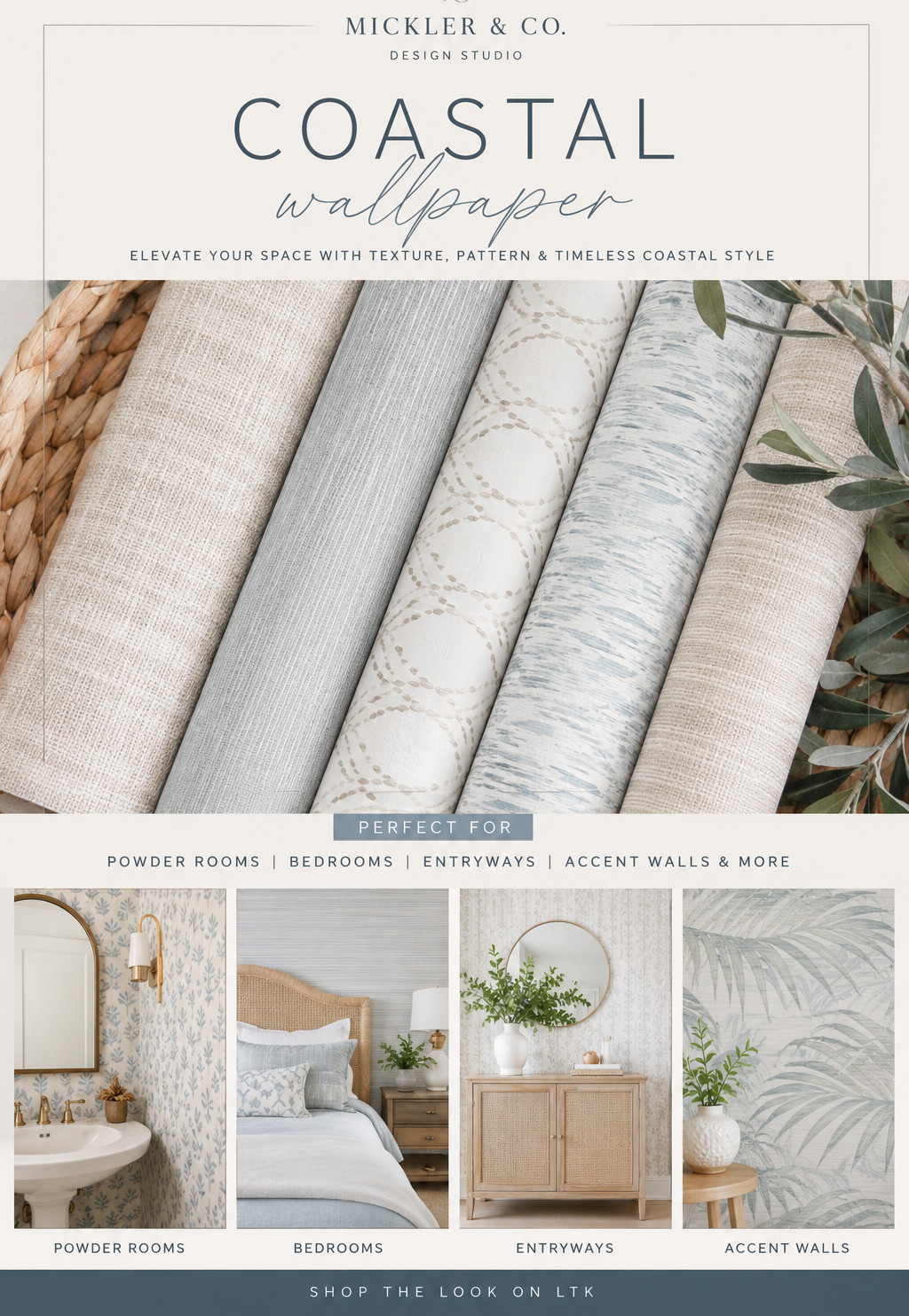 Coastal wallpaper is one of my favorite ways to add texture, depth, and personality to a space without a major renovation.

From soft grasscloth-inspired textures to subtle coastal patterns and timeless blue-and-neutral palettes, wallpaper can completely transform a room while still feeling sophisticated and livable.

These are some of my favorite looks for powder rooms, bedrooms, entryways, and accent walls. Whether you're designing a beach house, refreshing a short-term rental, or simply updating your home, the right wallpaper can create a custom designer look with minimal effort.

Shop my favorite coastal wallpaper finds in my LTK.

Which wallpaper style are you drawn to most: textured neutrals, soft botanicals, or classic coastal patterns?

#LTKHome #WallpaperIdeas #CoastalStyle #InteriorDesign #HomeDecor #CoastalDecor #NeutralInteriors #WallpaperInspiration #PowderRoomDesign #BedroomDesign #EntrywayDecor #MicklerAndCo 

 
