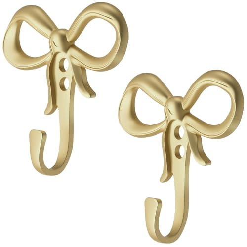Otoolling 2 Pack Small Gold Bow Wall Hook Bow Knot Hooks for Wall 2.36'' Gold Decorative Coat Holder Metal Bowknot Door Hanger for Hats Bags Tie Bath Towels Coats | Amazon (US)