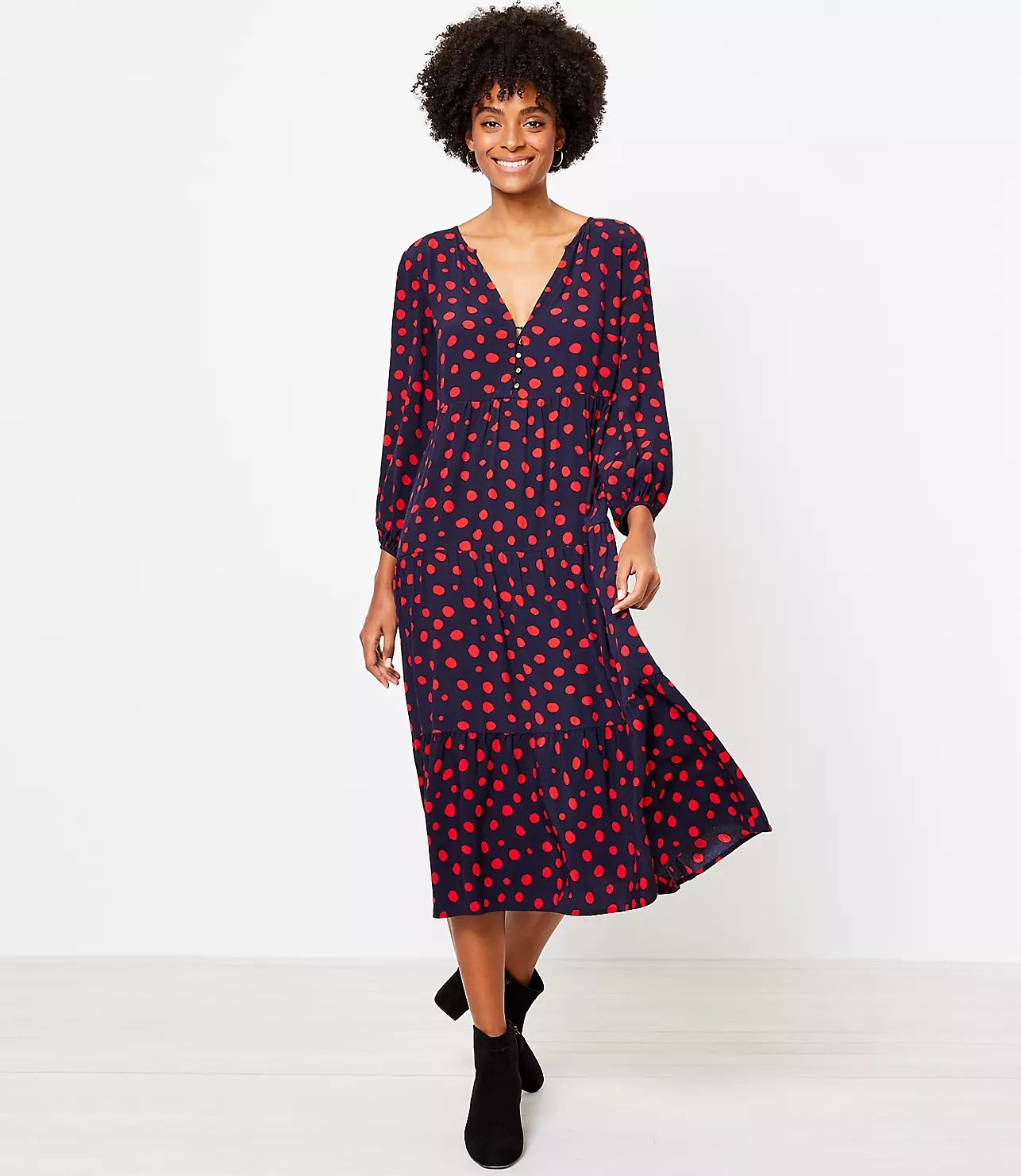 Dotted Tiered Midi Dress | LOFT