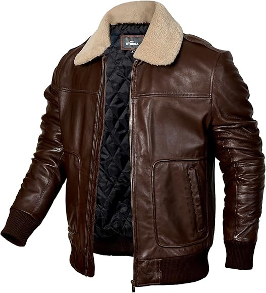 Mens leather jacket Genuine Lambskin Bomber Jacket men Brown with Removable Sherpa Collar– Prem... | Amazon (US)