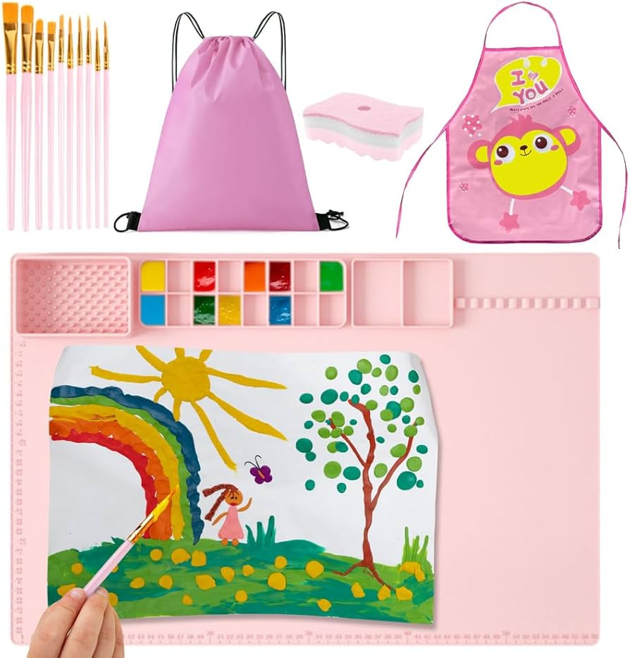Silicone Art Mat for Kids - 24" x 16" Silicone Painting Mat for Kids with Apron, Paint Brushes, S... | Amazon (US)
