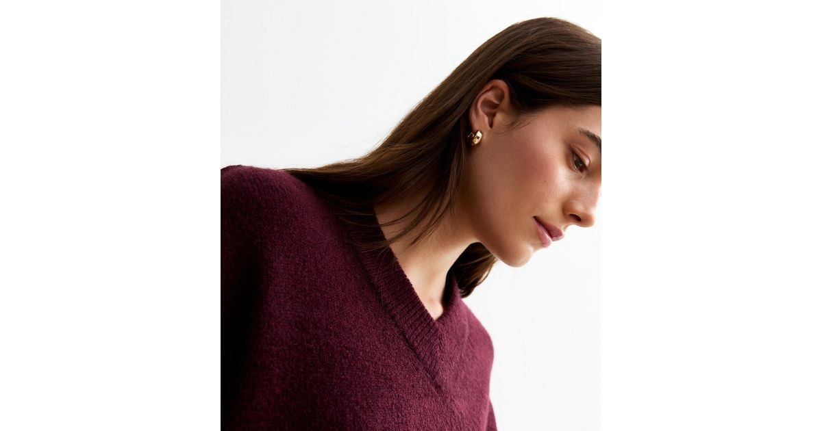 Burgundy High V Neck Jumper | New Look | New Look (UK)