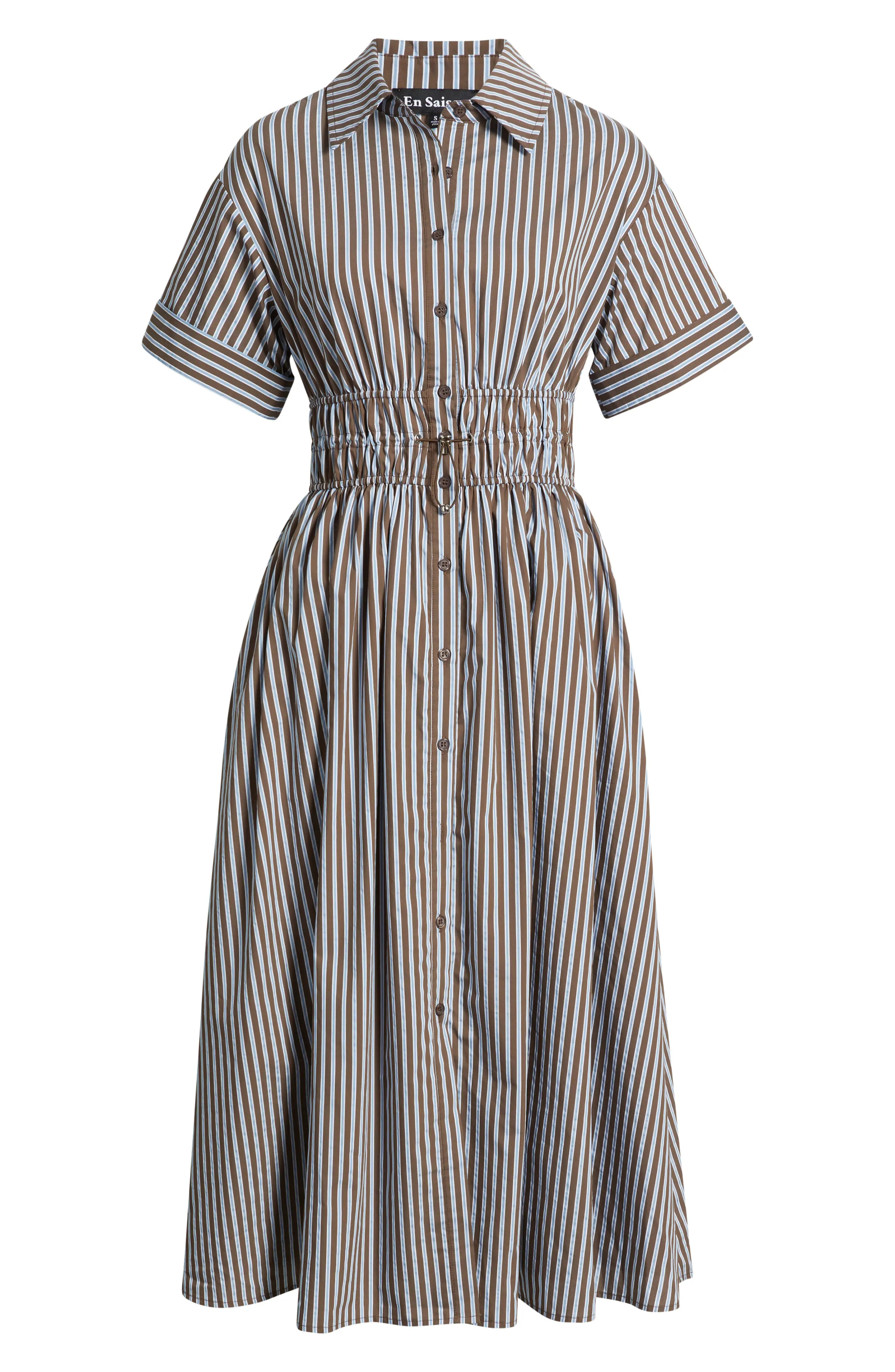 En Saison Stripe Short Sleeve Cotton Blend Midi Shirtdress in Brown Blue at Nordstrom, Size X-Small | Nordstrom