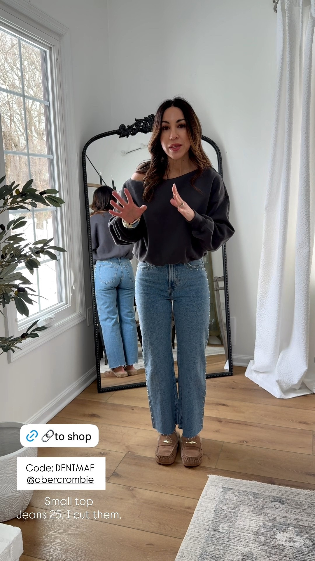 Abercrombie code DENIMAF. 25 studded jeans. I cut them. Small off the shoulder sweatshirt. Shoes size down.



#LTKOver40 #LTKSaleAlert #LTKPetite