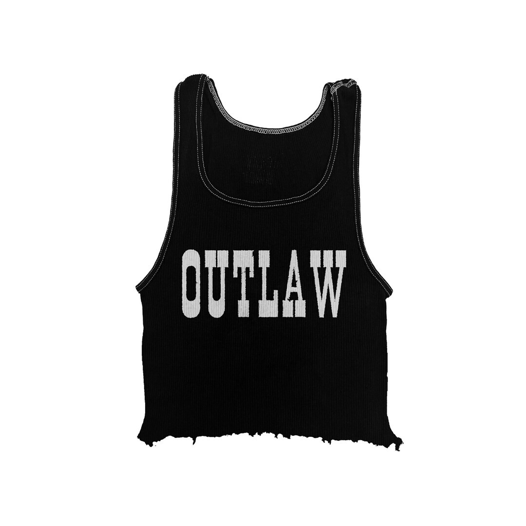 Vintage Inspired Black Ribbed Tank Top With Outlaw Graphic Raw Cut Distressed Hem Cropped Length ... | Etsy (US)
