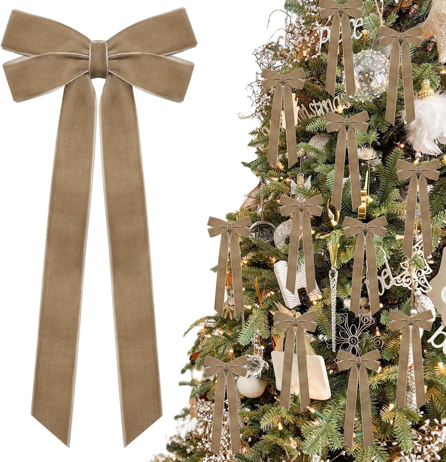 12Pcs Neutral Velvet Ribbon Bows Christmas Tree Decorations,5in x 10in Vintage Xmas Ornaments for Tree Home Party Front Door Wreath Garland Holiday Decor | Amazon (US)