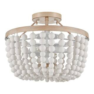 Hampton Bay Cayman 13 in. 2-Light White and Faux Wood Beaded Semi-Flush Mount Ceiling Light Fixtu... | The Home Depot