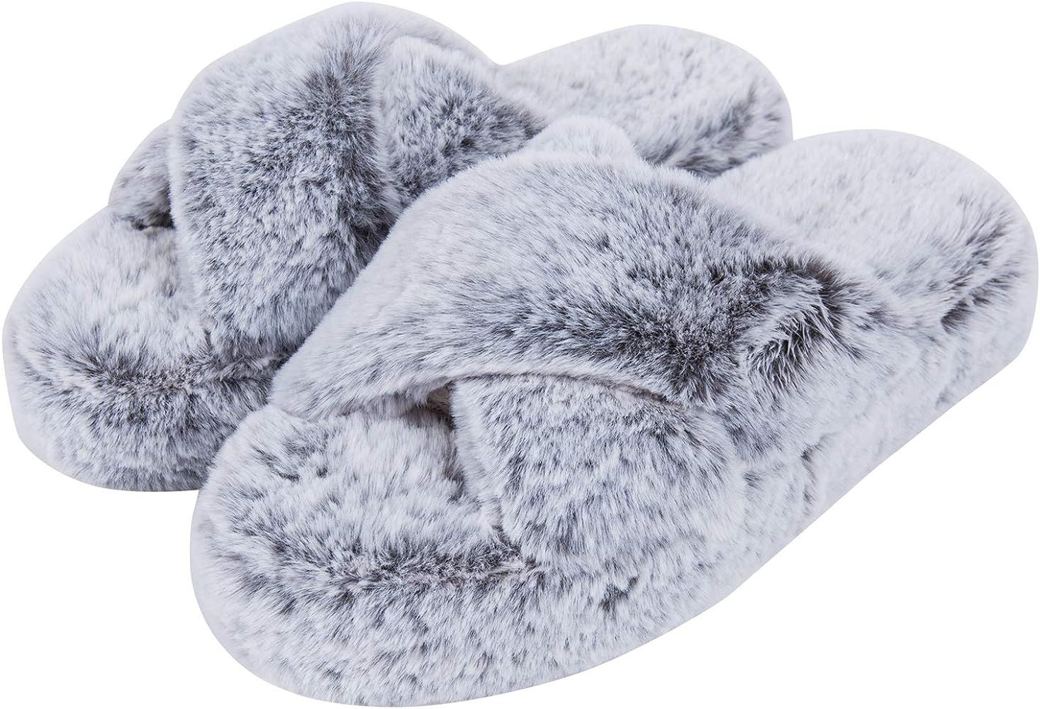 DL Fluffy Womens House Slippers Cross Band Open Toe, Soft Plush Fleece Bedroom Slippers Women Mem... | Amazon (US)
