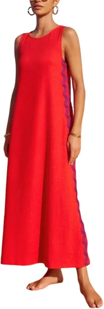 Women's Summer RIC Rac Sleeveless Maxi Dress Round Neck Side Split Scalloped Trim Beach Tank Dres... | Amazon (US)