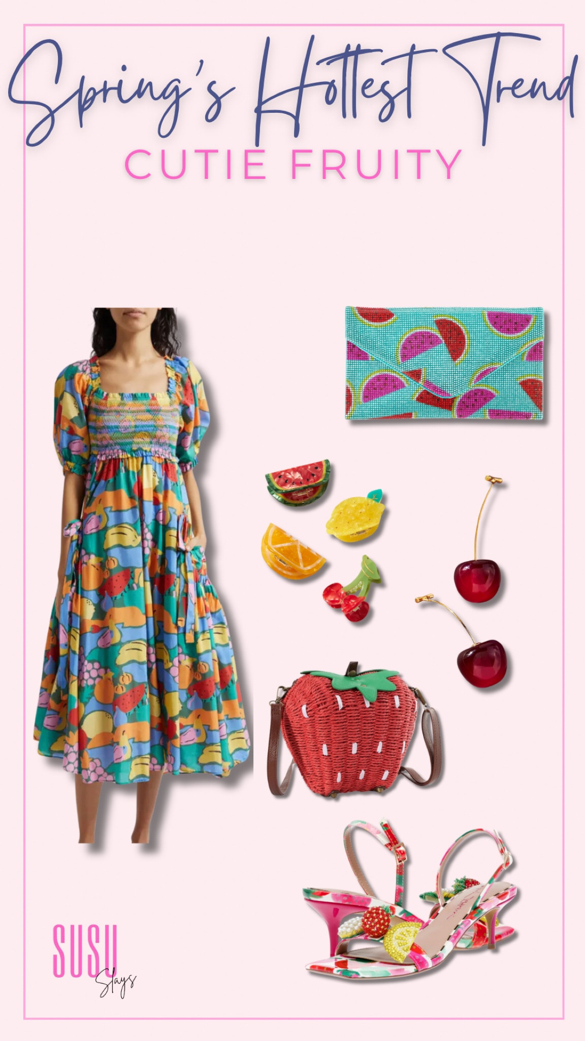 The cutie fruity trend is hot this spring! Grab these items and be a part of the fun. 

Watermelon clutch, fruit hair clips, cherry earrings, strawberry purse, fruit pattern dress, fruit heels

#LTKSeasonal #LTKitbag #LTKstyletip