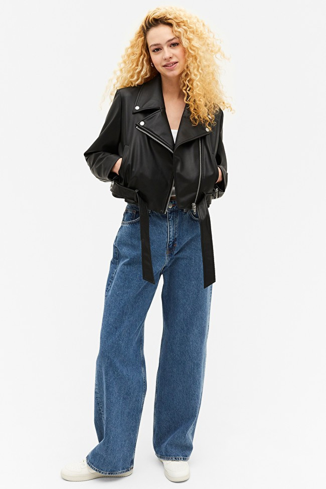 Black faux leather biker jacket | Monki