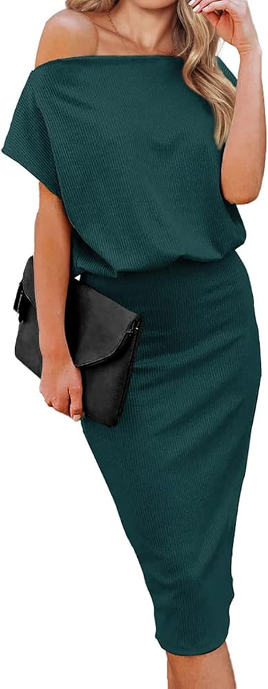 BTFBM Women's Casual Dresses Off The Shoulder Short Sleeve Solid Color Ribbed Knit Party Slim Fit... | Amazon (US)