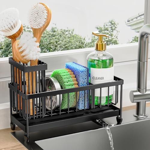Cisily Sponge Holder for Kitchen Sink, Sink Caddy Organizer with High Brush Holder, Kitchen Countertop Organizers and Storage Essentials, Rustproof 304 Stainless Steel (Black, 9.25″) | Amazon (US)