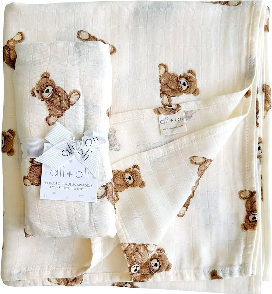 Ali+Oli Muslin Swaddle Blanket (Teddy Bear) for Baby, Soft Rayon Made from Bamboo and Organic Cot... | Amazon (US)