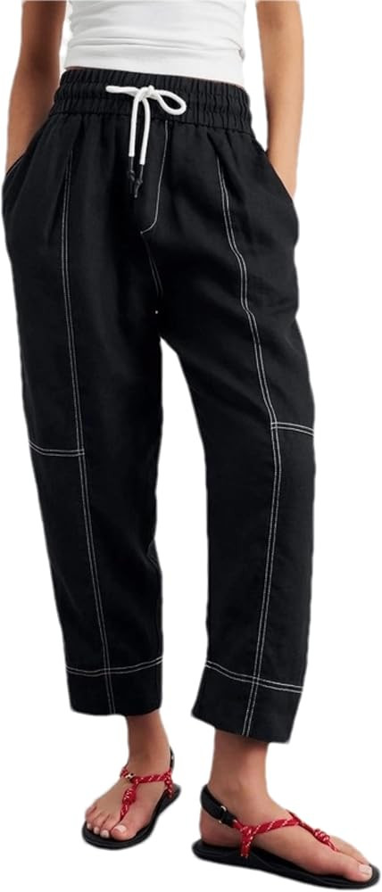 Shiyifa Womens Linen Barrel Pants Elastic Waist Drawstring Trousers Harem Pant with Pockets | Amazon (US)