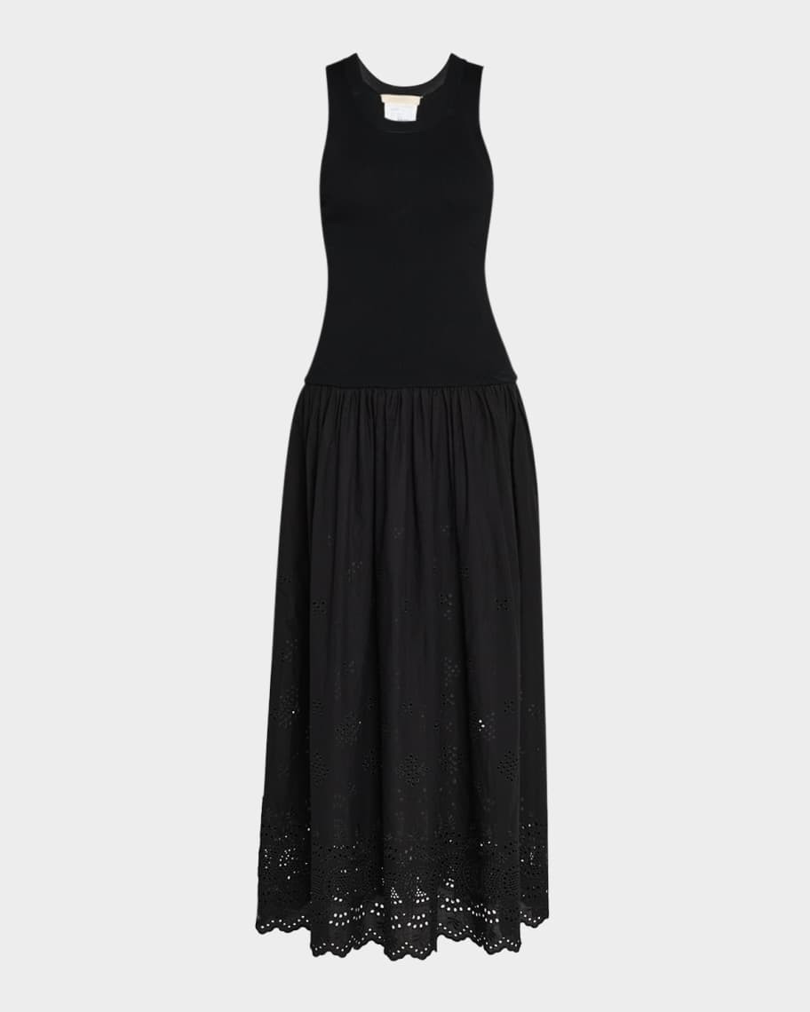 Vanessa Bruno Ennaya Sleeveless Eyelet Mixed Media Midi Dress | Neiman Marcus