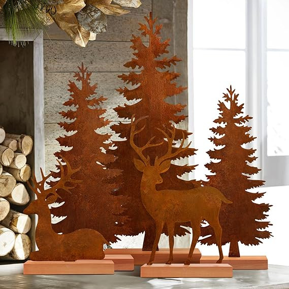Set of 5 Metal Christmas Pine Tree and Elk Tabletop Decor, Rusty Steel Vintage Evergreen Tree Tab... | Amazon (US)