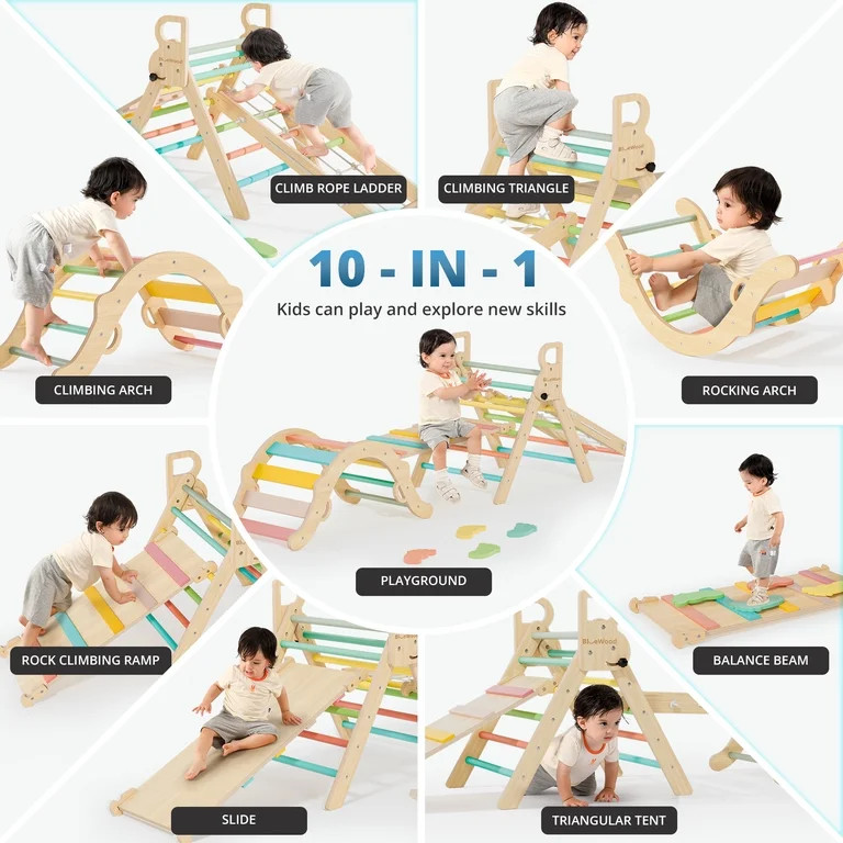 BlueWood Pikler Triangle Climbing Set 10-in-1 Foldable Wooden Indoor Pink 1 Pack | Walmart (US)