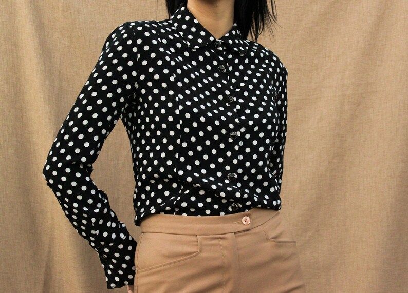 Vintage black and white polka dot blouse | 80's long sleeve shirt size S | Women retro long sleev... | Etsy (US)