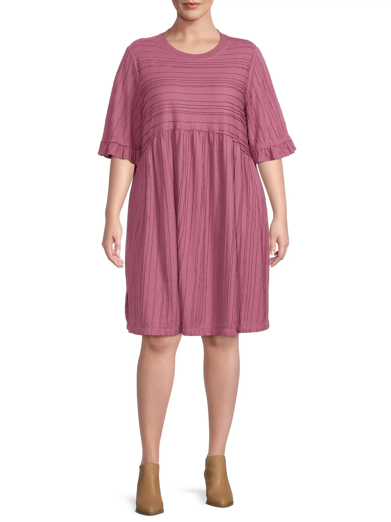 Terra & Sky Women's Plus Size Textured Knit Babydoll Dress with Short Sleeves - Walmart.com | Walmart (US)