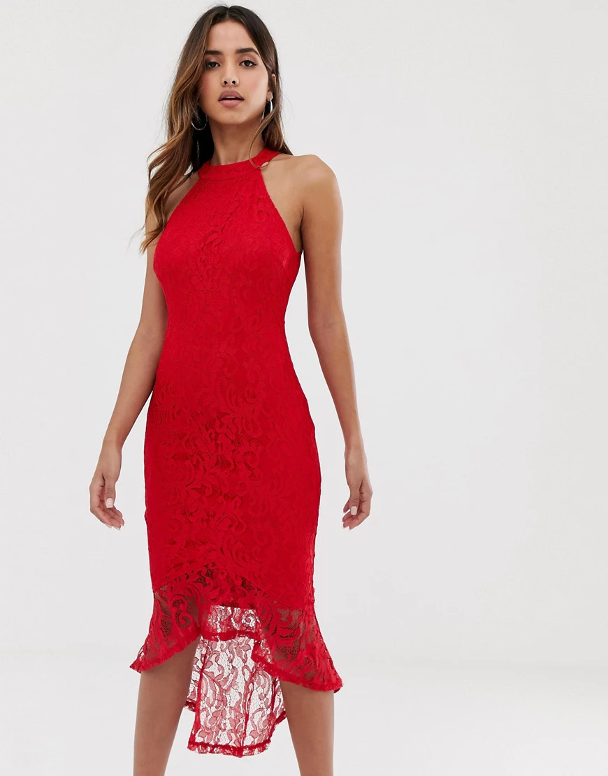 AX Paris halterneck all over lace midi dress with hi lo hem-Red | ASOS (Global)