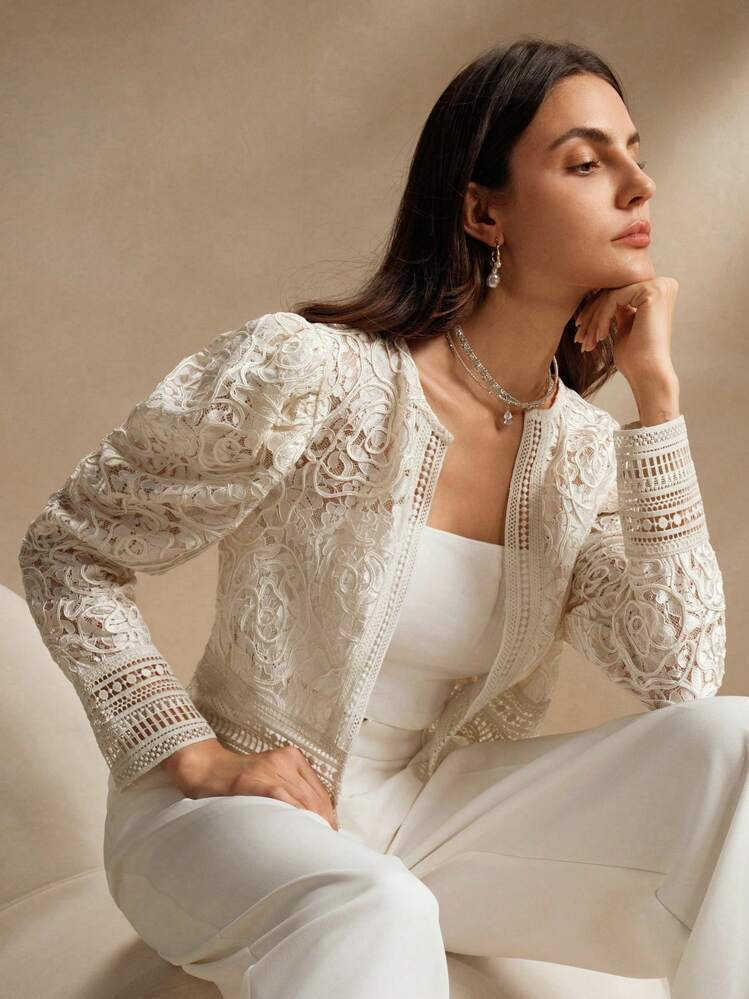Anewsta Women's Casual Jacket With Puff Sleeves, Floral Lace Trim, Round Neck, White, Suitable For Spring, Vacation, And Leisure | SHEIN