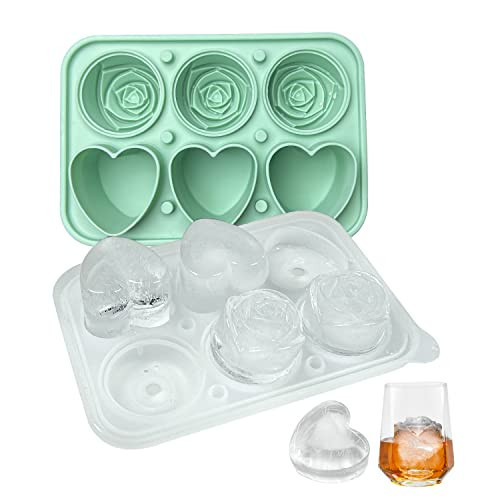 Rose Ice Cube Mold, Heart Shapes Ice Cube Tray, Silicone Ice Mold Fun Shapes with Clear Funnel-type Lid, 3 Heart & 3 Rose Ice Balls for Chilling Whiskey Cocktails Drinks, Green | Amazon (US)
