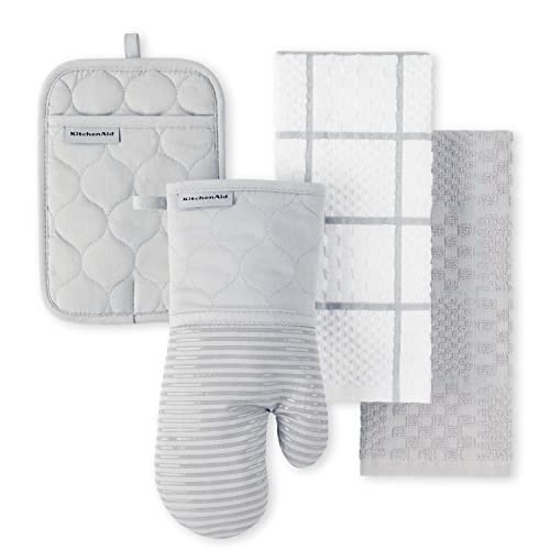 KITCHENAID Quilted Cotton Terry Cloth Oven Mitt, Pot Holder, Kitchen Towel 4-Pack Set, Heat Resistant, Silicone Grip, 16"x26", 7"x13" & 7"x10", Matte Grey | Amazon (US)