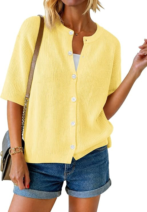 Fisoew Womens Short Sleeve Cropped Cardigan Sweaters Button Down Lightweight Knit Blouse Tops Cas... | Amazon (US)