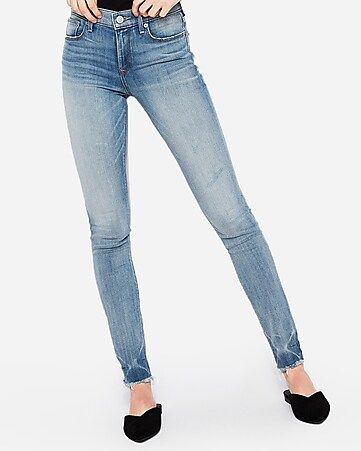 Mid Rise Raw Hem Stretch Super Skinny Jeans | Express