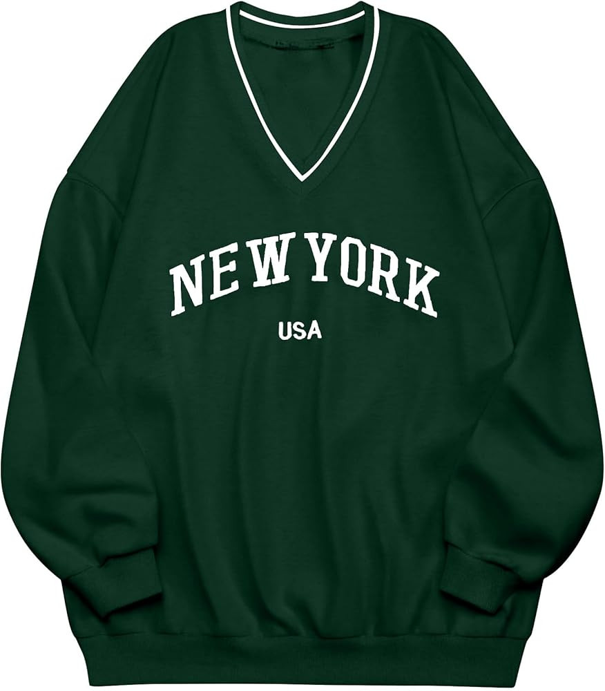 Remidoo Womens New York Embroidered V Neck Sweatshirt Oversized Long Sleeve Pullover Top | Amazon (US)