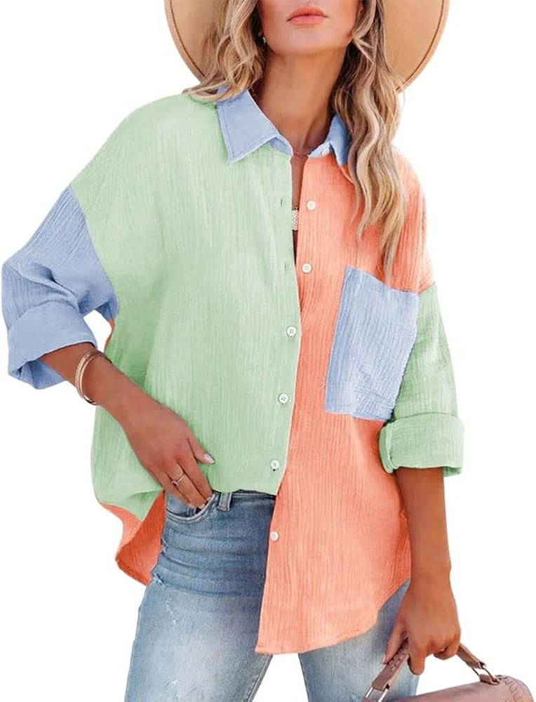 chouyatou Women's Color Block Long Sleeve Button Down Boyfriend Shirt Blouses | Amazon (US)